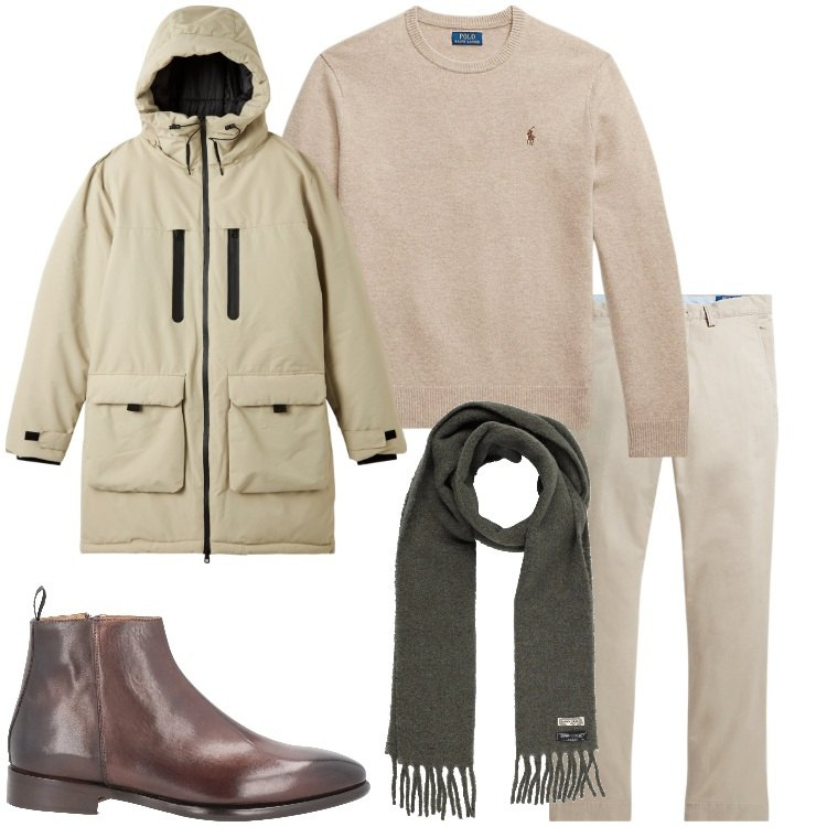 Outfit uomo - Colori terrosi. Stile Casual per Tutti i giorni. Abbinamento con stivali e stivaletti, sciarpe, parka, pantaloni, maglieria.