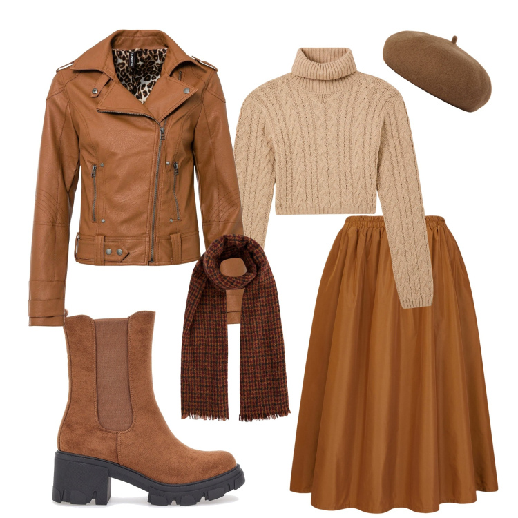 Outfit donna - Serata con amici. Stile Casual chic per Serata fuori. Abbinamento con blazer, maglieria, cappelli e berretti, gonne lunghe, stivaletti chelsea, sciarpe.