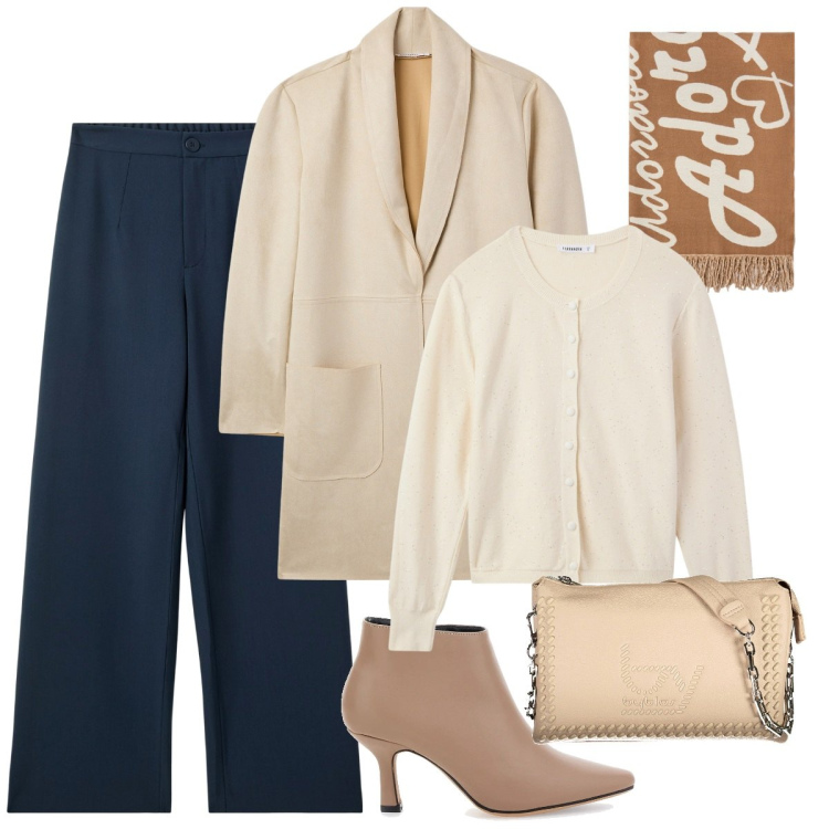 Outfit donna - Total look #2018723. Stile Casual chic per Ufficio. Abbinamento con pantaloni, cardigans, trench, stivaletti, borse a spalla, sciarpe.