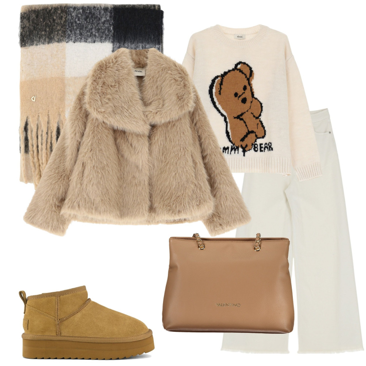 Outfit donna - Con le amiche. Stile Casual per Serata fuori. Abbinamento con ecopellicce, jeans, stole, maglieria, stivaletti, borse a spalla.