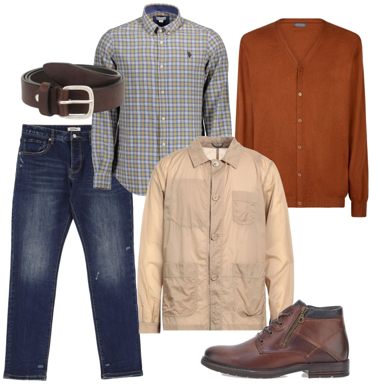 Outfit uomo - Il cardigan perfetto. Stile Casual per Tutti i giorni. Abbinamento con trench, cinture, jeans slim fit, scarpe stringate, camicie, cardigans.