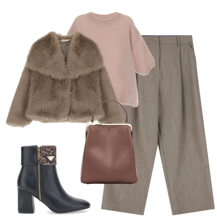 Outfit donna - City. Stile Chic per Tutti i giorni. Abbinamento con ecopellicce, maglieria, pantaloni, borse a spalla, stivaletti.