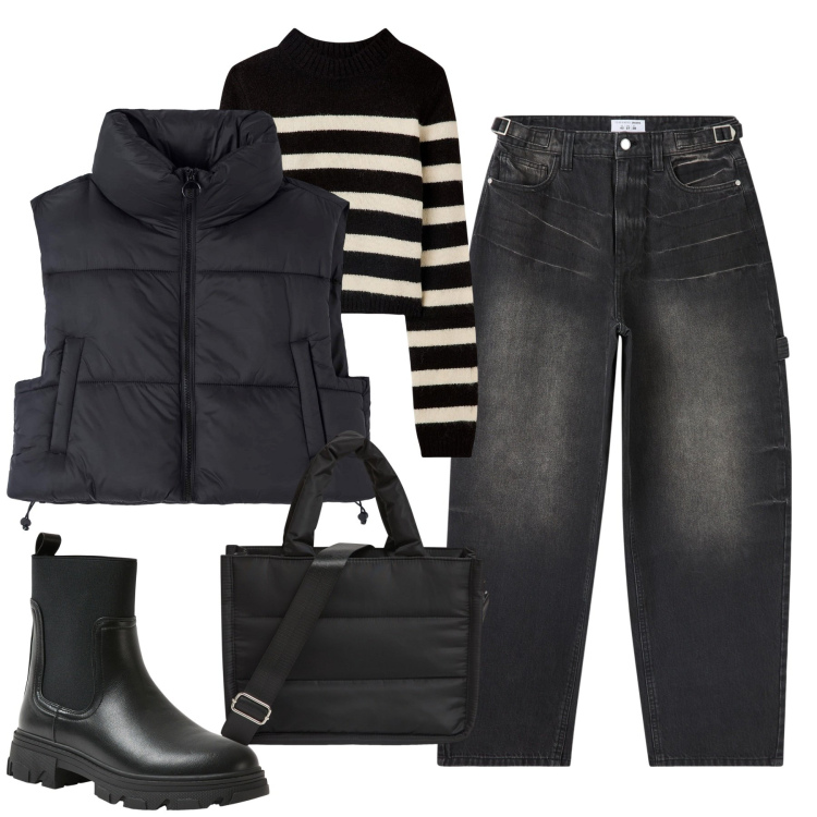 Outfit donna - Dicembre. Stile Urban per Tutti i giorni. Abbinamento con piumini, maglieria, jeans, stivaletti chelsea, shopping bag.
