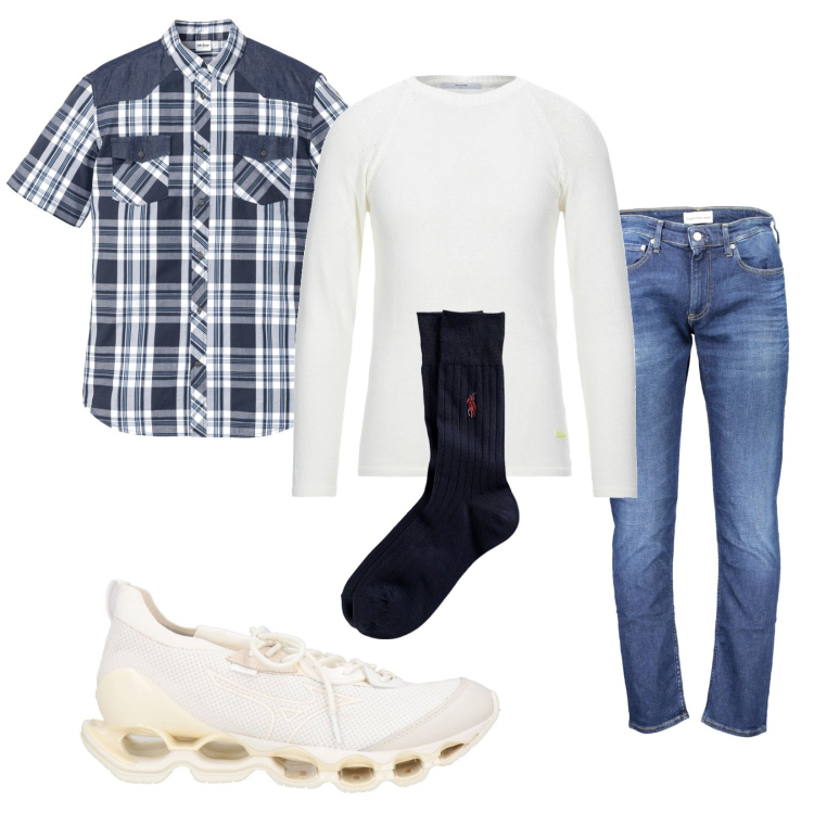 Outfit uomo - Total look #2018742. Stile Casual per Tutti i giorni. Abbinamento con camicie a manica corta, pullovers, sneakers, calzini, jeans slim fit.
