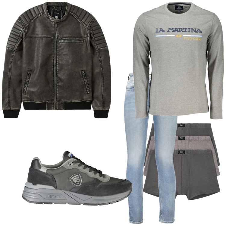Outfit uomo - Total look #2018743. Stile Casual per Tutti i giorni. Abbinamento con boxer, giacche, sneakers, jeans, t-shirt.
