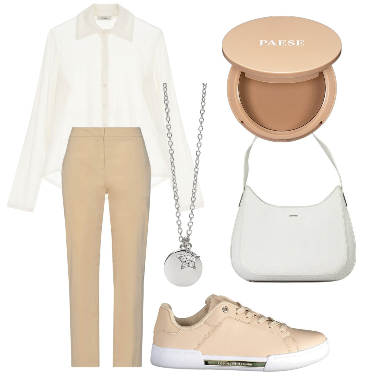 Outfit donna - La cipria illuminante. Stile Basic per Tutti i giorni. Abbinamento con pantaloni, ciprie, ciondoli, camicie, borse a spalla, sneakers.