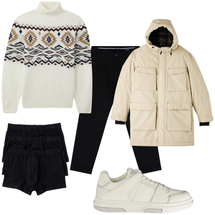 Outfit uomo - Total look #2018752. Stile Trendy per Tutti i giorni. Abbinamento con boxer, parka, maglieria, pantaloni chino, sneakers.