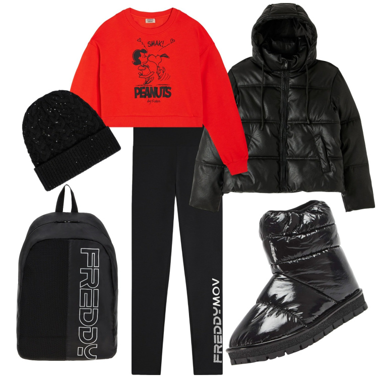 Outfit donna - Gita sulla neve. Stile Casual per Sport. Abbinamento con stivali da neve, piumini, zaini, felpe, pantaloni, cappelli.