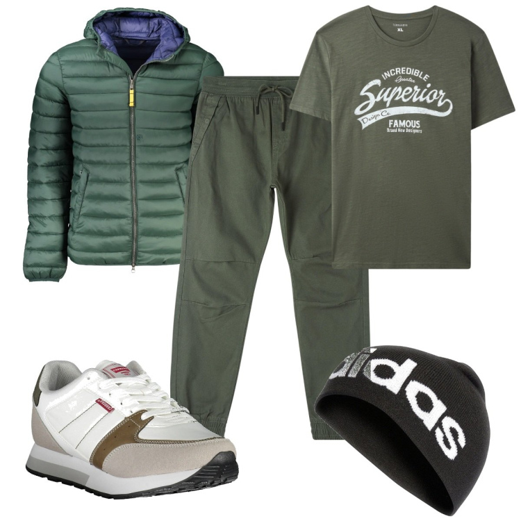 Outfit uomo - Total look #2018770. Stile Trendy per Tutti i giorni. Abbinamento con pantaloni, t-shirt, sneakers, giacche, berretti.