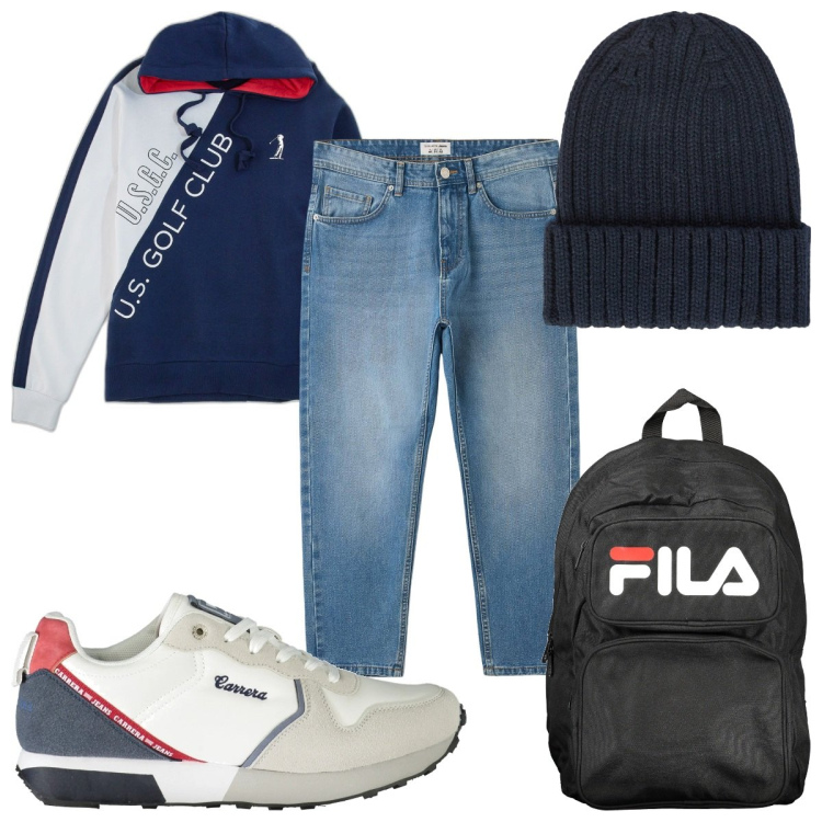 Outfit uomo - Total look #2018775. Stile Casual per Tutti i giorni. Abbinamento con jeans, felpe, sneakers, borse sportive, berretti.
