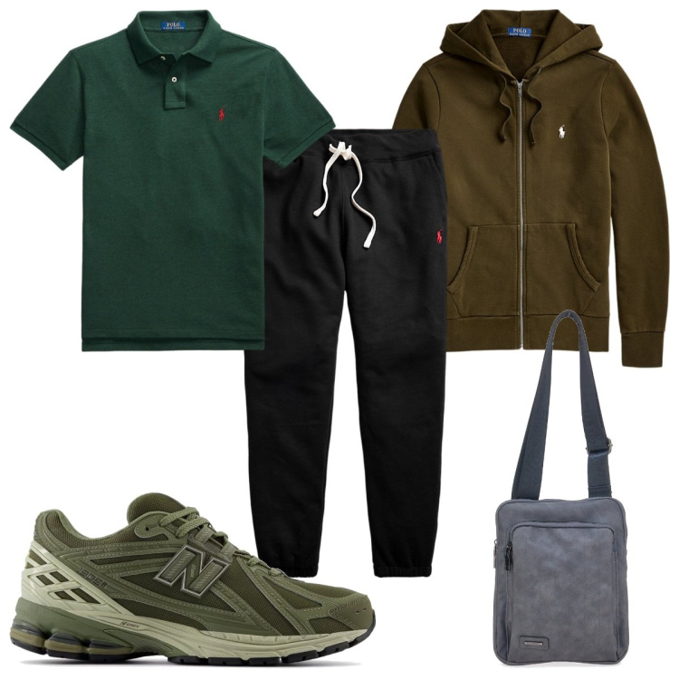 Outfit uomo - Total look #2018777. Stile Casual per Tutti i giorni. Abbinamento con sneakers, pantaloni, polo, felpe con cappuccio, portafogli.