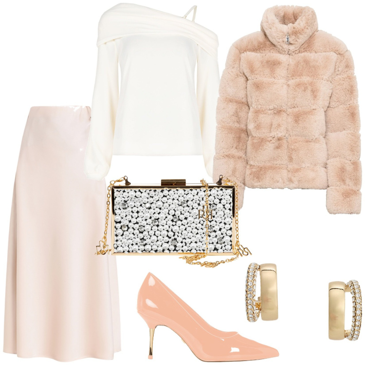 Outfit donna - Regina delle nevi. Stile Chic per Cerimonia. Abbinamento con ecopellicce, bluse, décolleté, pochette, gonne longuette, orecchini.