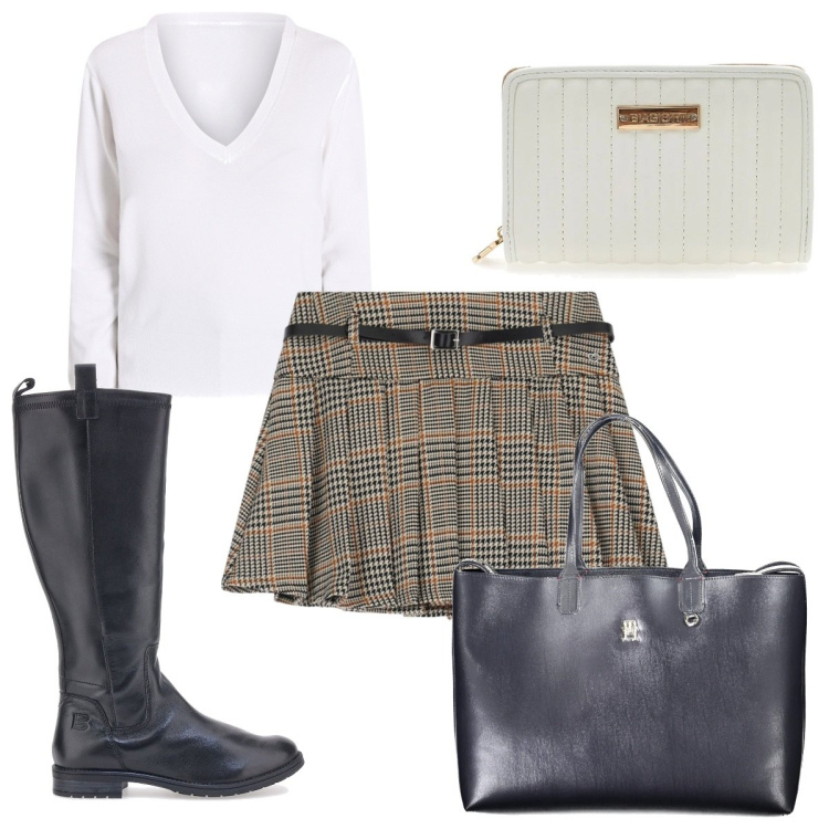 Outfit donna - Total look #2018789. Stile Trendy per Tutti i giorni. Abbinamento con maglieria, minigonne, portafogli, borse a spalla, stivali.