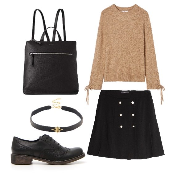 Outfit donna - Trendy / 1. Stile Trendy per Tutti i giorni. Abbinamento con collana con gancetto oro, pullover stringate marrone, scarpe stringate stringate nero, gonna nero, zaino nero.