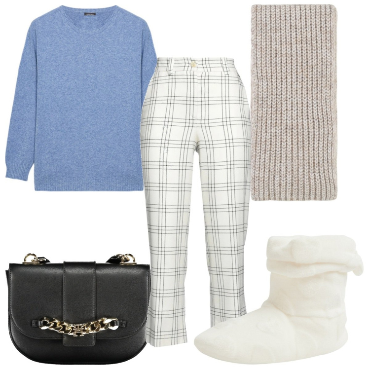 Outfit donna - Total look #2018794. Stile Trendy per Tutti i giorni. Abbinamento con pantaloni, pantofole, sciarpe, borse a tracolla, maglieria.