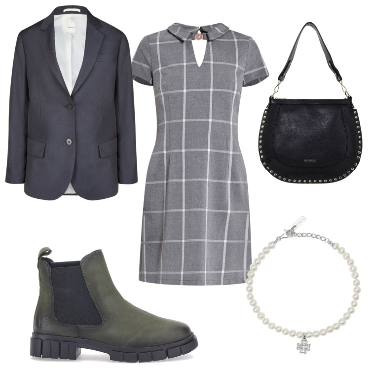Outfit donna - Total look #2018795. Stile Trendy per Tutti i giorni. Abbinamento con braccialetti con ciondoli, vestiti a tubino, borse a spalla, stivaletti chelsea, blazer.