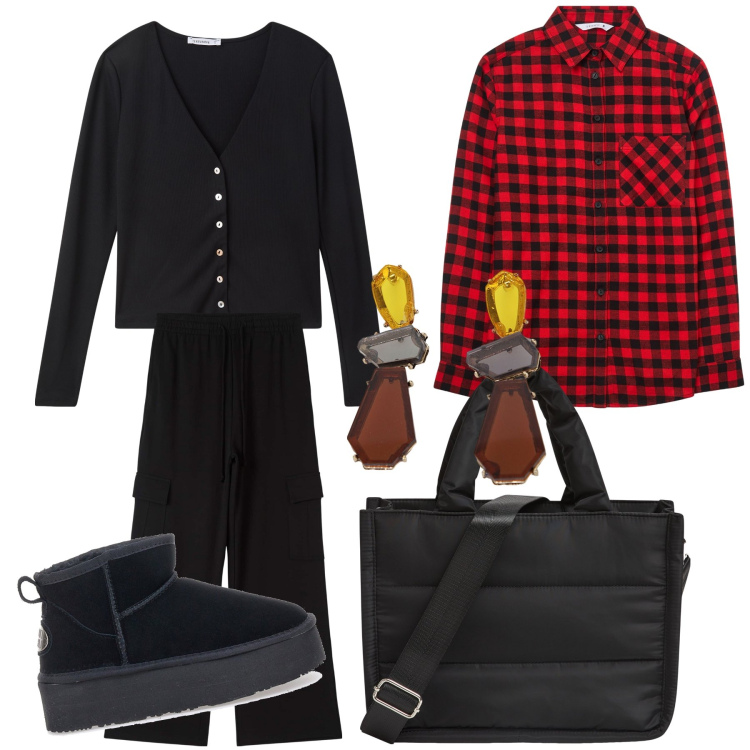 Outfit donna - Total look. Stile Trendy per Ufficio. Abbinamento con shopping bag, pantaloni cargo, cardigans, camicie, orecchini, stivaletti.