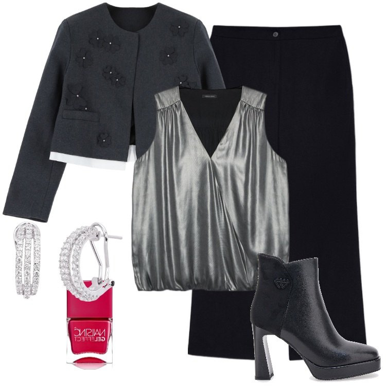 Outfit donna - Capodanno Curvy. Stile Chic per Serata fuori. Abbinamento con smalti, orecchini, blazer, stivaletti, top, pantaloni a palazzo.