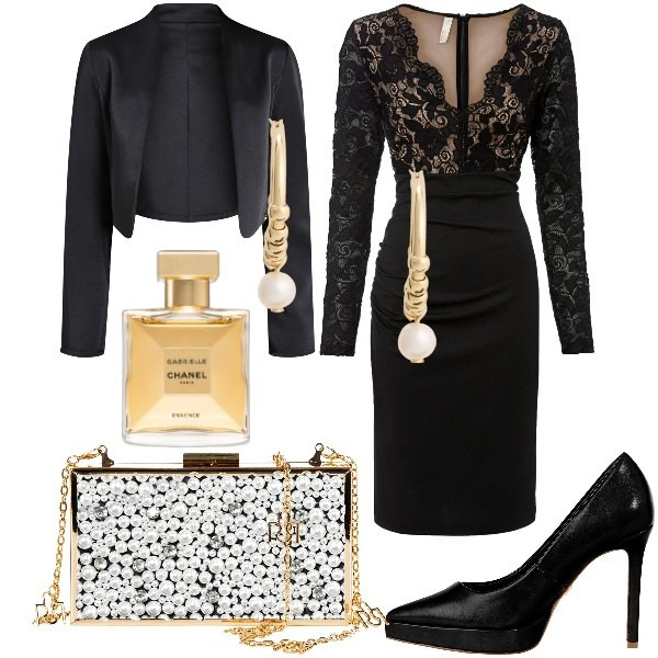 Outfit donna - Total look #2018816. Stile Chic per Serata fuori. Abbinamento con vestiti, profumi, décolleté, blazer, pochette, orecchini.