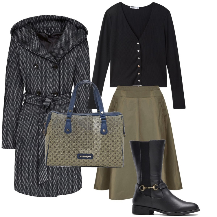 Outfit donna - Giornata di shopping. Stile Bon Ton per Tutti i giorni. Abbinamento con stivali, cappotti, cardigans, gonne, borse a spalla.