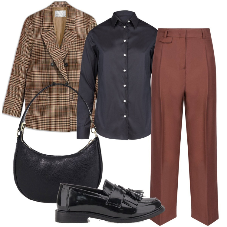 Outfit donna - Stile mannish. Stile Mannish per Ufficio. Abbinamento con blazer, borse a spalla, mocassini, camicie, pantaloni.