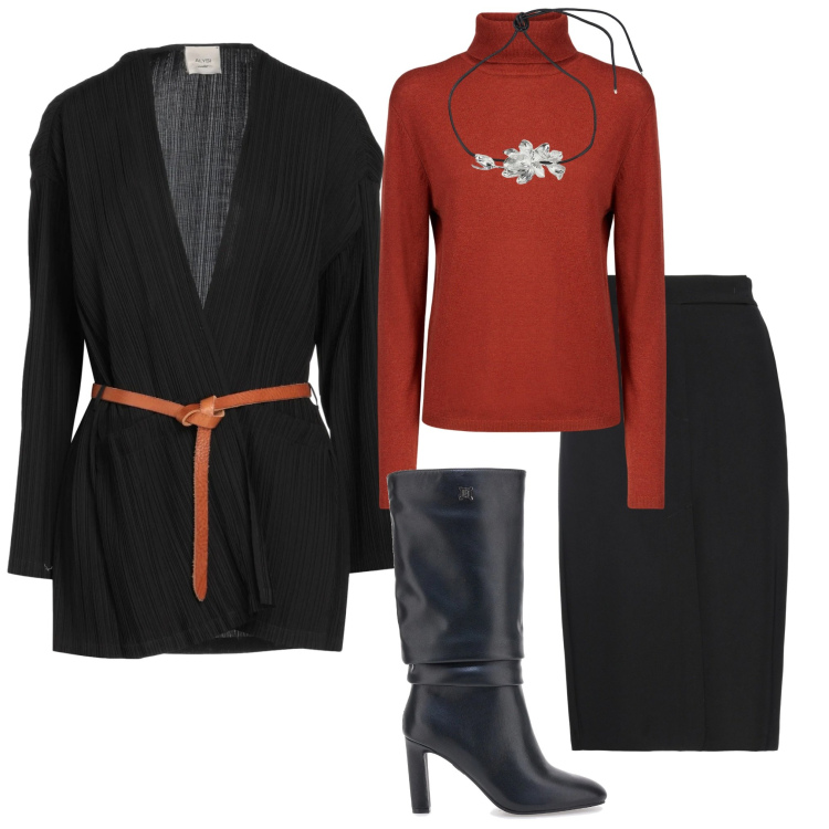 Outfit donna - In ufficio. Stile Basic per Ufficio. Abbinamento con gonne longuette, cardigans, collane, maglieria, stivali.