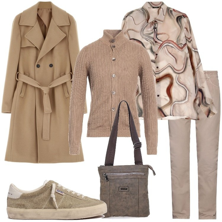 Outfit uomo - Colori terrosi. Stile Trendy per Ufficio. Abbinamento con pantaloni, cardigans, camicie, cappotti, portafogli, sneakers.