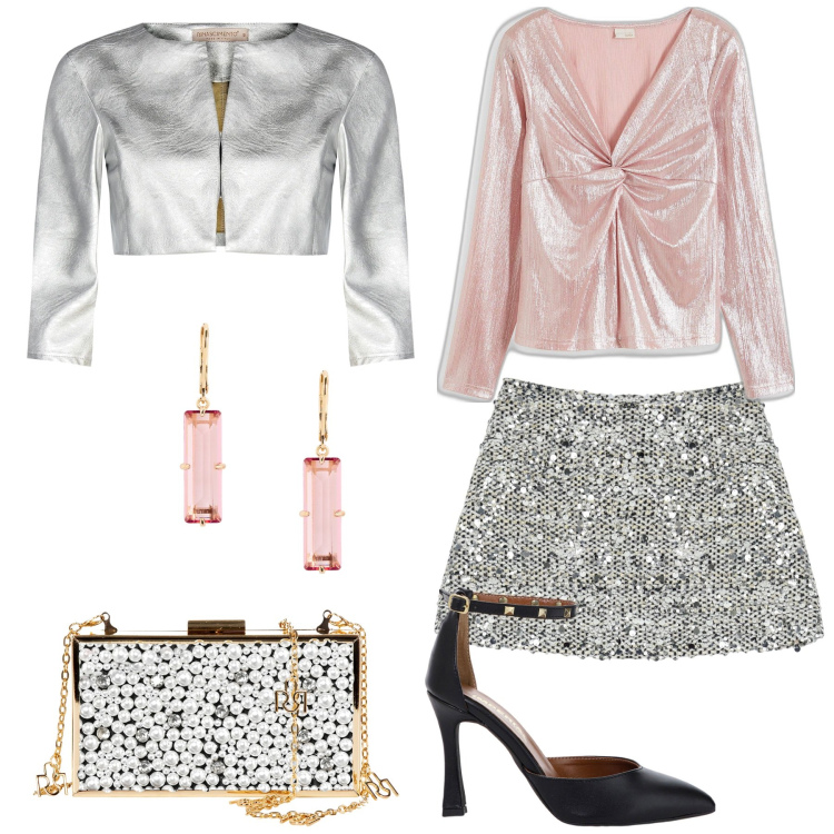 Outfit donna - Pailletes per la festa. Stile Sexy per Serata fuori. Abbinamento con maglieria, bolero, pochette, minigonne, décolleté, orecchini.