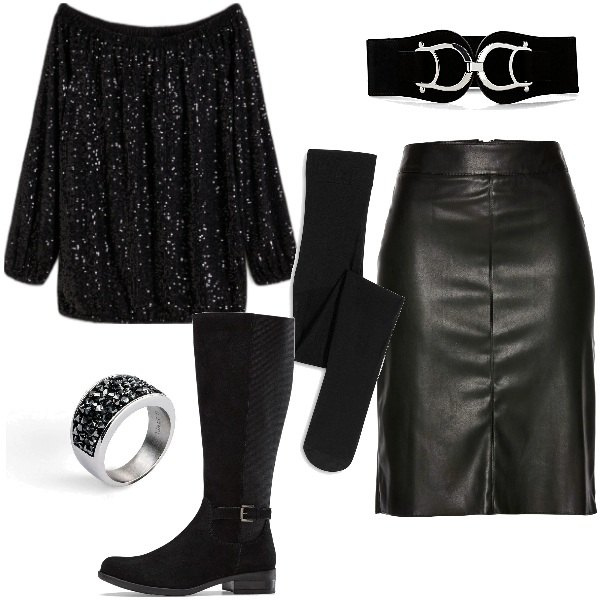 Outfit donna - Total look #2018854. Stile Casual chic per Serata fuori. Abbinamento con maglieria, stivali, cinture, gonne longuette, anelli, collant.
