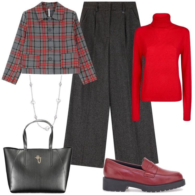 Outfit donna - Look power casual. Stile Casual per Ufficio. Abbinamento con collane, pantaloni a palazzo, blazer, mocassini, maglieria, borse a spalla.