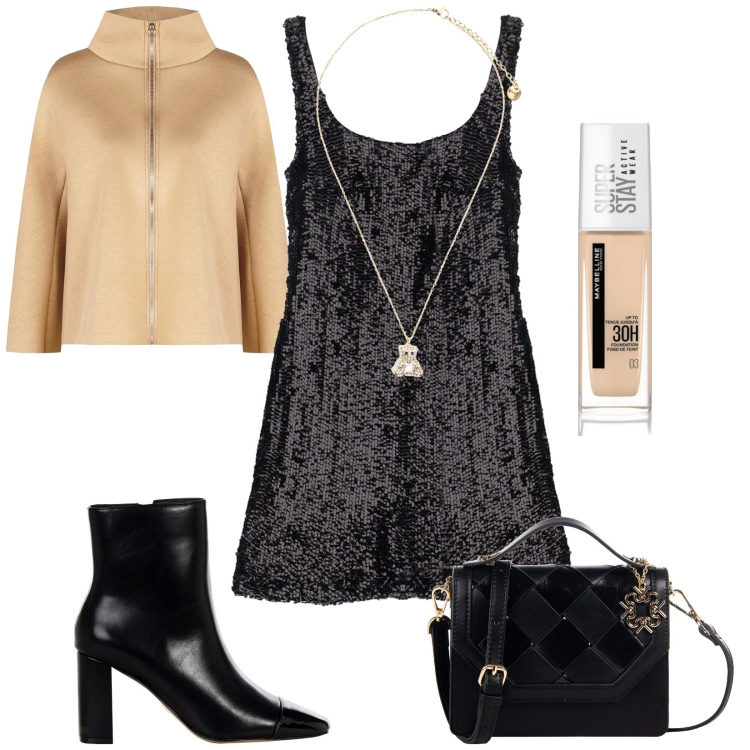 Outfit donna - Pronta con le paillettes. Stile Glamour per Serata fuori. Abbinamento con fondotinta, cappe, borse a tracolla, stivaletti, vestiti corti, ciondoli.