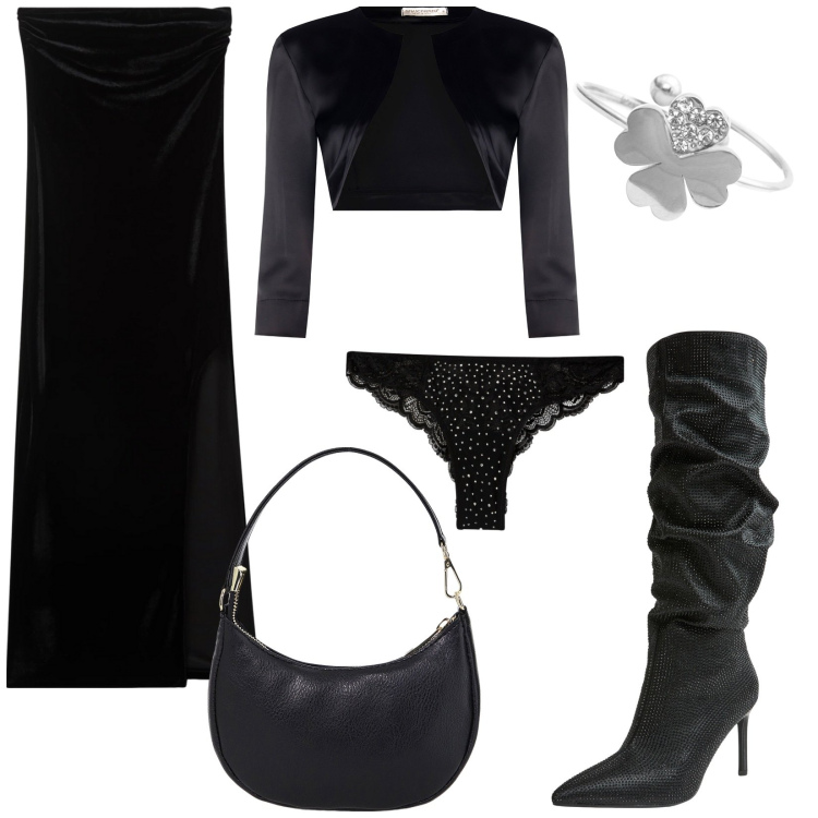 Outfit donna - Velvet elegance. Stile Glamour per Serata fuori. Abbinamento con bolero, vestiti lunghi, stivali, culotte, anelli, borse a spalla.