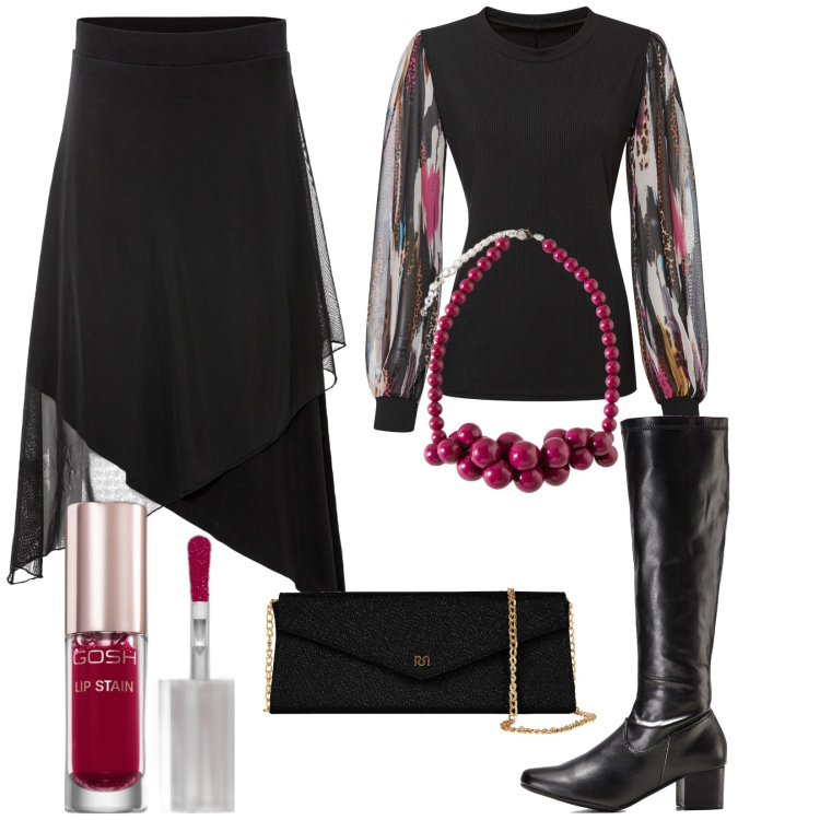 Outfit donna - Dicembre come una regina. Stile Glamour per Serata fuori. Abbinamento con stivali, maglieria, gonne, rossetti, pochette, collane.