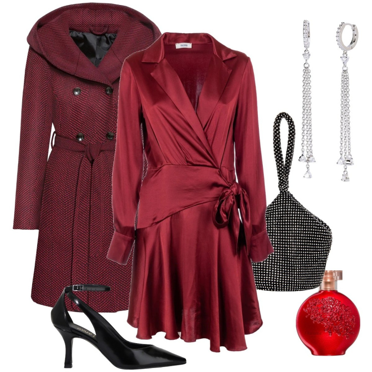 Outfit donna - Bordeaux protagonista. Stile Glamour per Serata fuori. Abbinamento con cappotti, profumi, orecchini, pochette, vestiti, décolleté.
