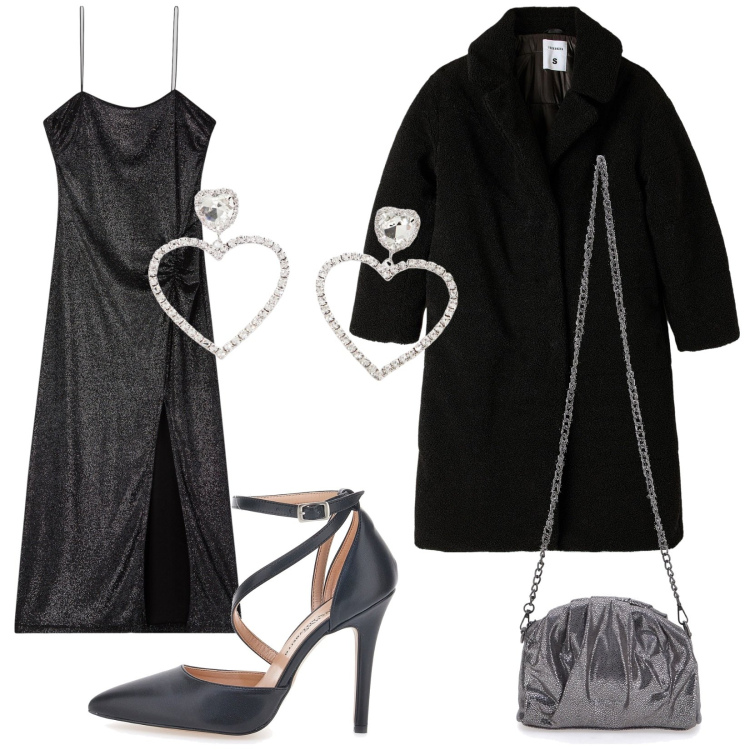 Outfit donna - Eleganza avvolgente. Stile Glamour per Serata fuori. Abbinamento con cappotti, vestiti lunghi, orecchini, décolleté, pochette.