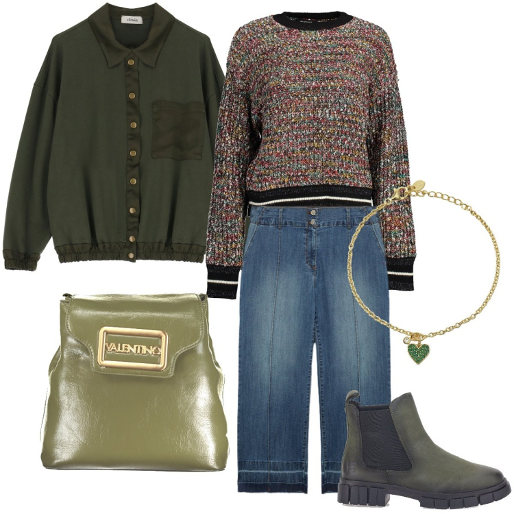 Outfit donna - Stile essenziale. Stile Basic per Tutti i giorni. Abbinamento con braccialetti con ciondoli, cappotti, stivaletti chelsea, maglieria, zaini, jeans.