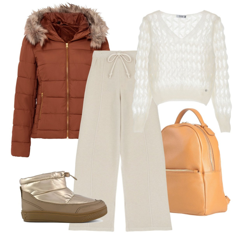 Outfit donna - Gita in montagna. Stile Basic per Tutti i giorni. Abbinamento con giacche, zaini, maglieria, pantaloni, stivaletti.