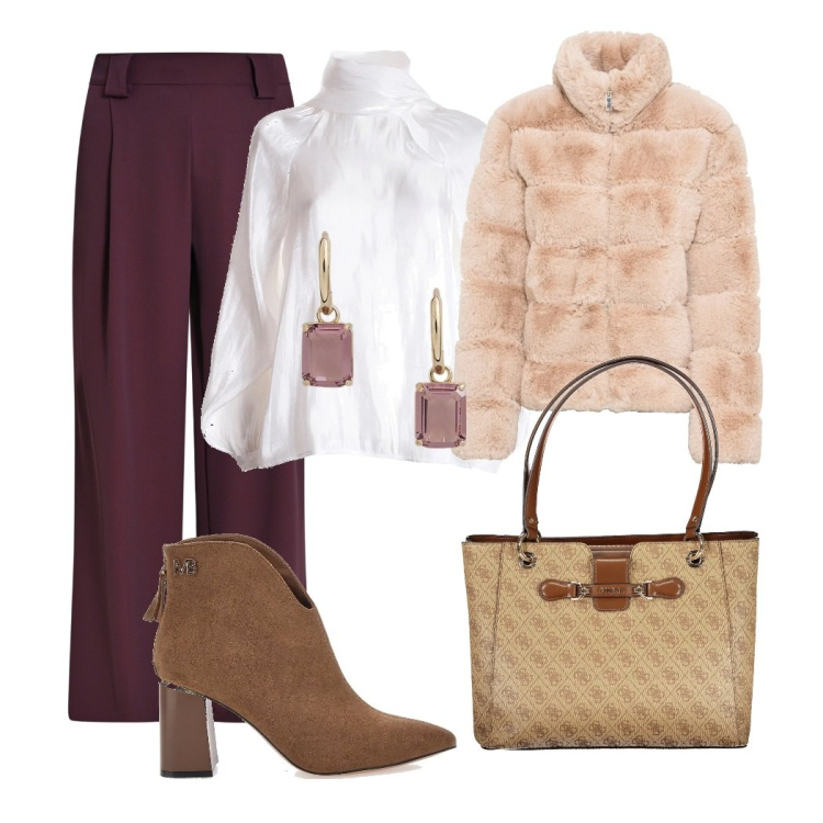 Outfit donna - Prepariamoci alle feste. Stile Chic per Serata fuori. Abbinamento con ecopellicce, pantaloni, bluse, orecchini, stivaletti, borse a spalla.