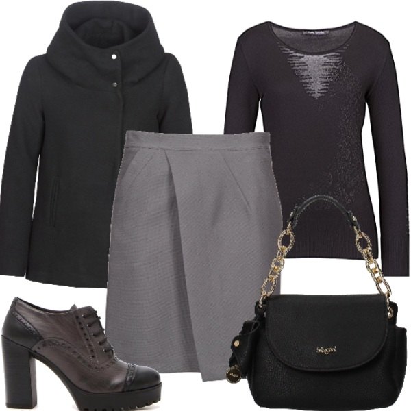 Outfit donna - La stringata con la gonna. Stile Chic per Tutti i giorni. Abbinamento con borsa a mano con logo frontale nero, cappotto nero, gonna grigio, stivaletti con lacci, pullover nero.