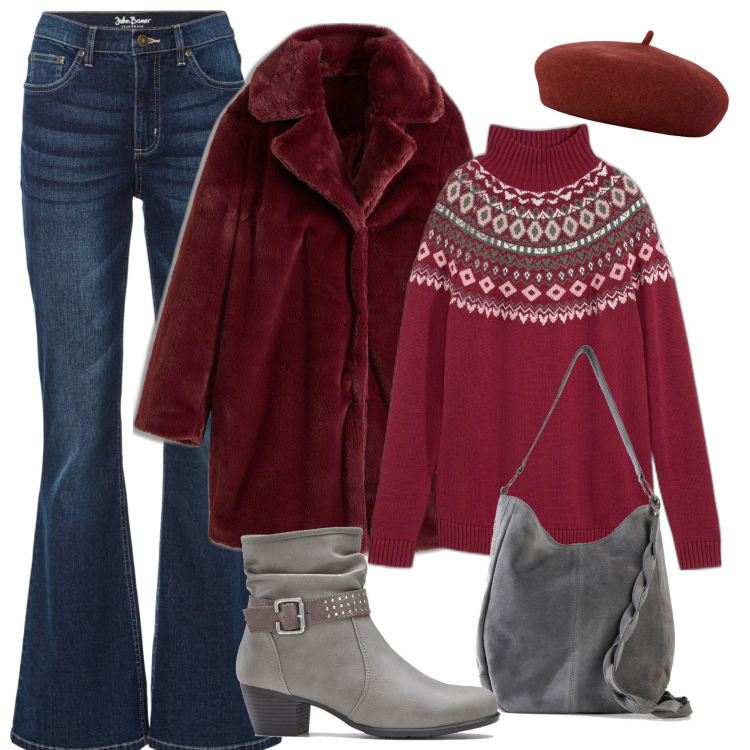 Outfit donna - Total look #2018880. Stile 70s per Tutti i giorni. Abbinamento con jeans a zampa, stivaletti, borse a mano, ecopellicce, maglieria, cappelli e berretti.