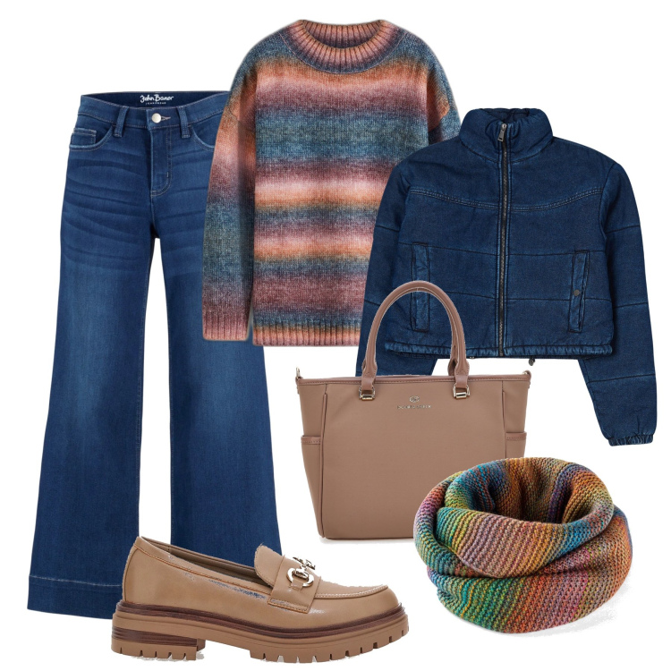 Outfit donna - Sfumature all’università. Stile Casual per Scuola/Università. Abbinamento con jeans a zampa, foulard, maglieria, blazer, borse a tracolla, mocassini.