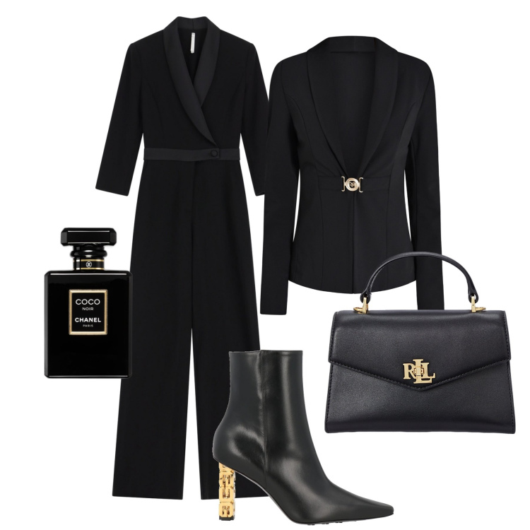 Outfit donna - L’eleganza del nero. Stile Chic per Serata fuori. Abbinamento con stivaletti, profumi, blazer, tute, borse a mano.