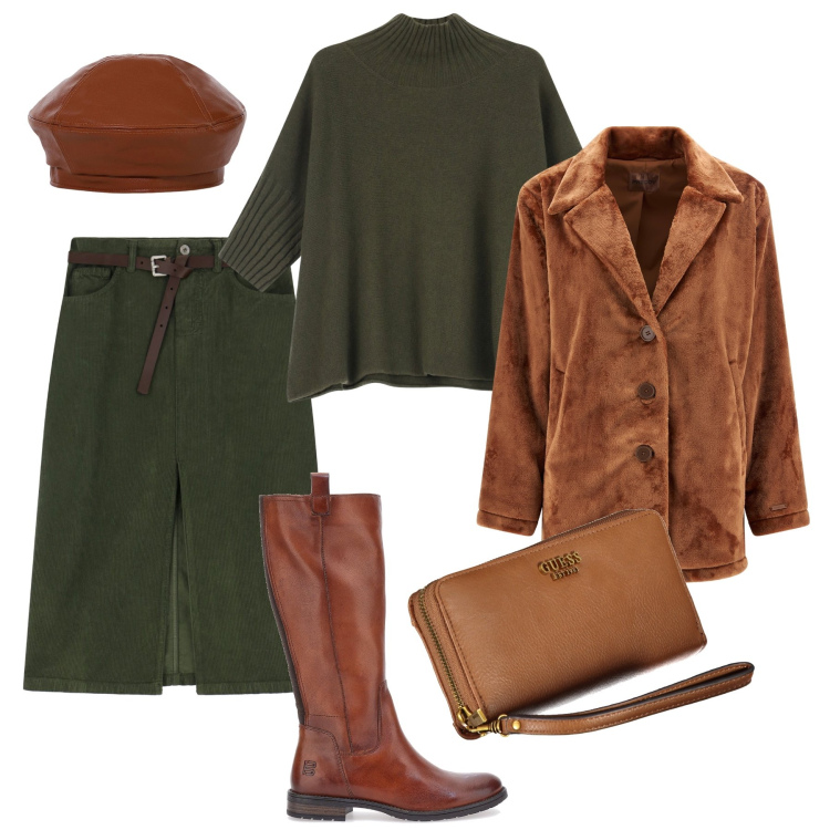 Outfit donna - Muschio e cognac. Stile Urban per Tutti i giorni. Abbinamento con maglieria, cappotti, gonne, cappelli e berretti, portafogli, stivali sopra il ginocchio.