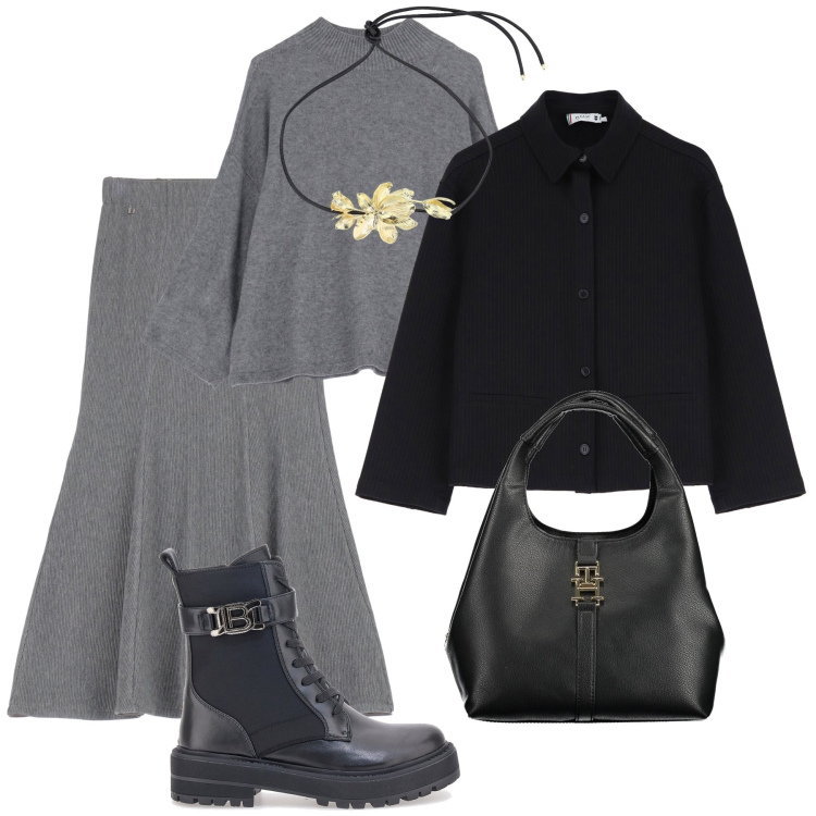 Outfit donna - Maglia e anfibi in città. Stile Trendy per Tutti i giorni. Abbinamento con cappotti, maglieria, gonne lunghe, collane, anfibi, borse a tracolla.