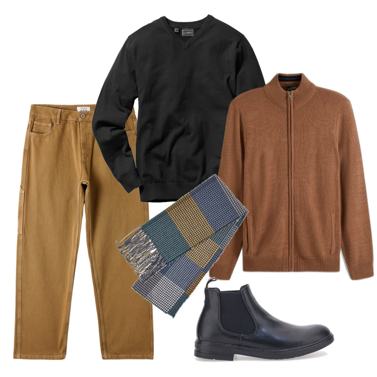 Outfit uomo - Nero e tabacco. Stile Casual per Serata speciale. Abbinamento con maglieria, cardigans, pantaloni, sciarpe, stivali e stivaletti.