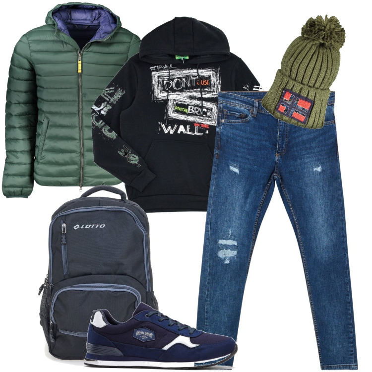 Outfit uomo - Scritte sulla felpa. Stile Casual per Tutti i giorni. Abbinamento con sneakers, jeans strappati, borse sportive, felpe con cappuccio, berretti, giacche.