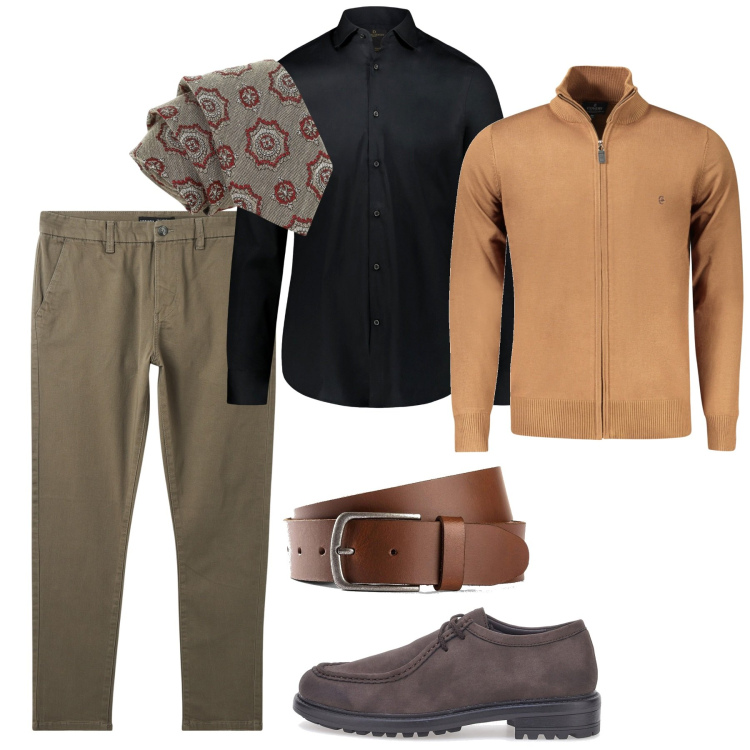 Outfit uomo - Aperitivo dopo l\'ufficio. Stile Business/Elegante per Tutti i giorni. Abbinamento con cinture, pantaloni chino, cravatte, camicie, scarpe stringate, cardigans.