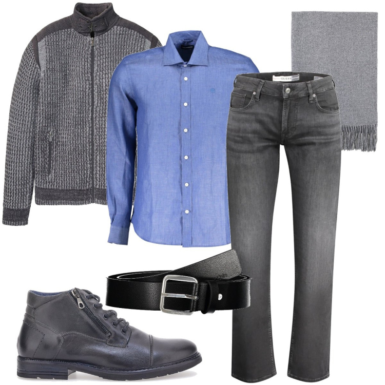 Outfit uomo - Non solo grigio. Stile Urban per Ufficio. Abbinamento con cardigans, sciarpe, stivali e stivaletti, cinture, camicie, jeans.