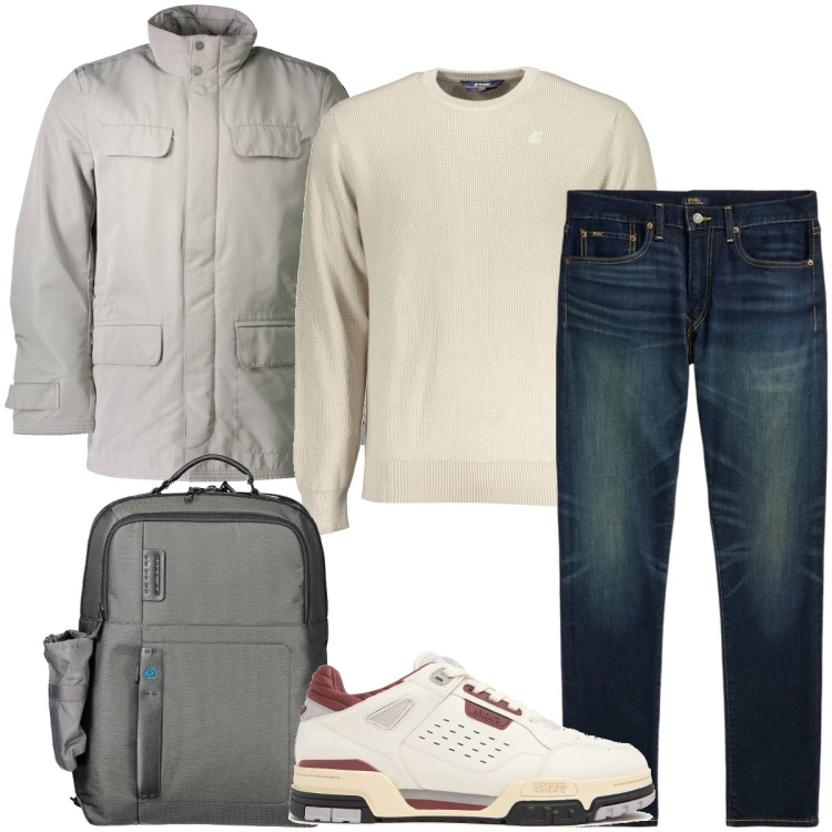 Outfit uomo - Casual in ufficio. Stile Casual per Ufficio. Abbinamento con jeans, giacche, maglieria, borse sportive, sneakers.