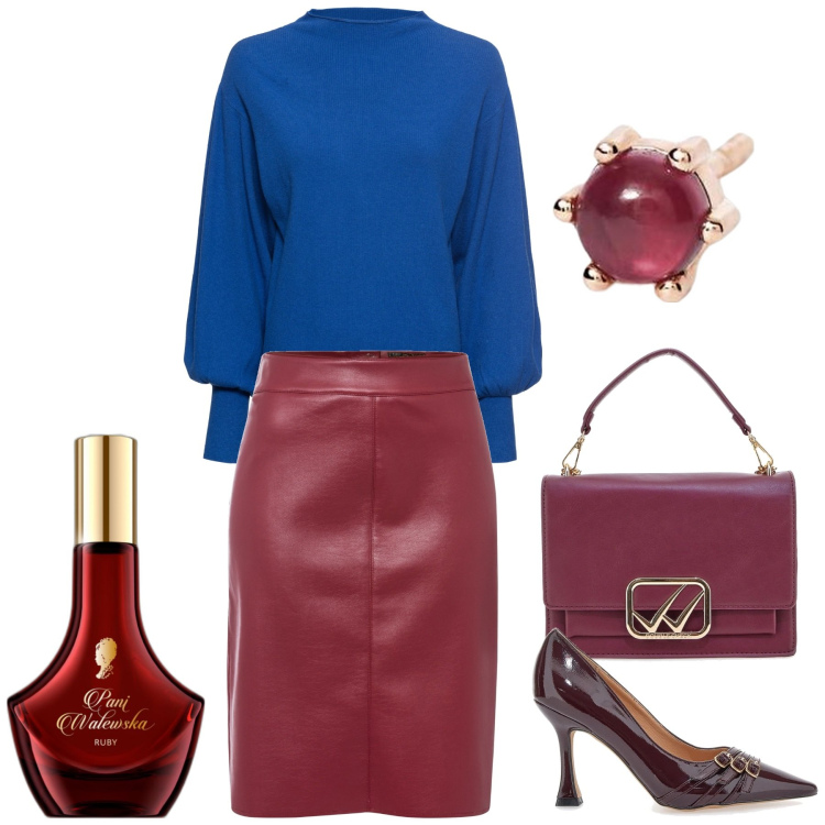 Outfit donna - Il colore della stagione. Stile Glamour per Serata fuori. Abbinamento con maglieria, gonne longuette, profumi, orecchini, borse a tracolla, décolleté.